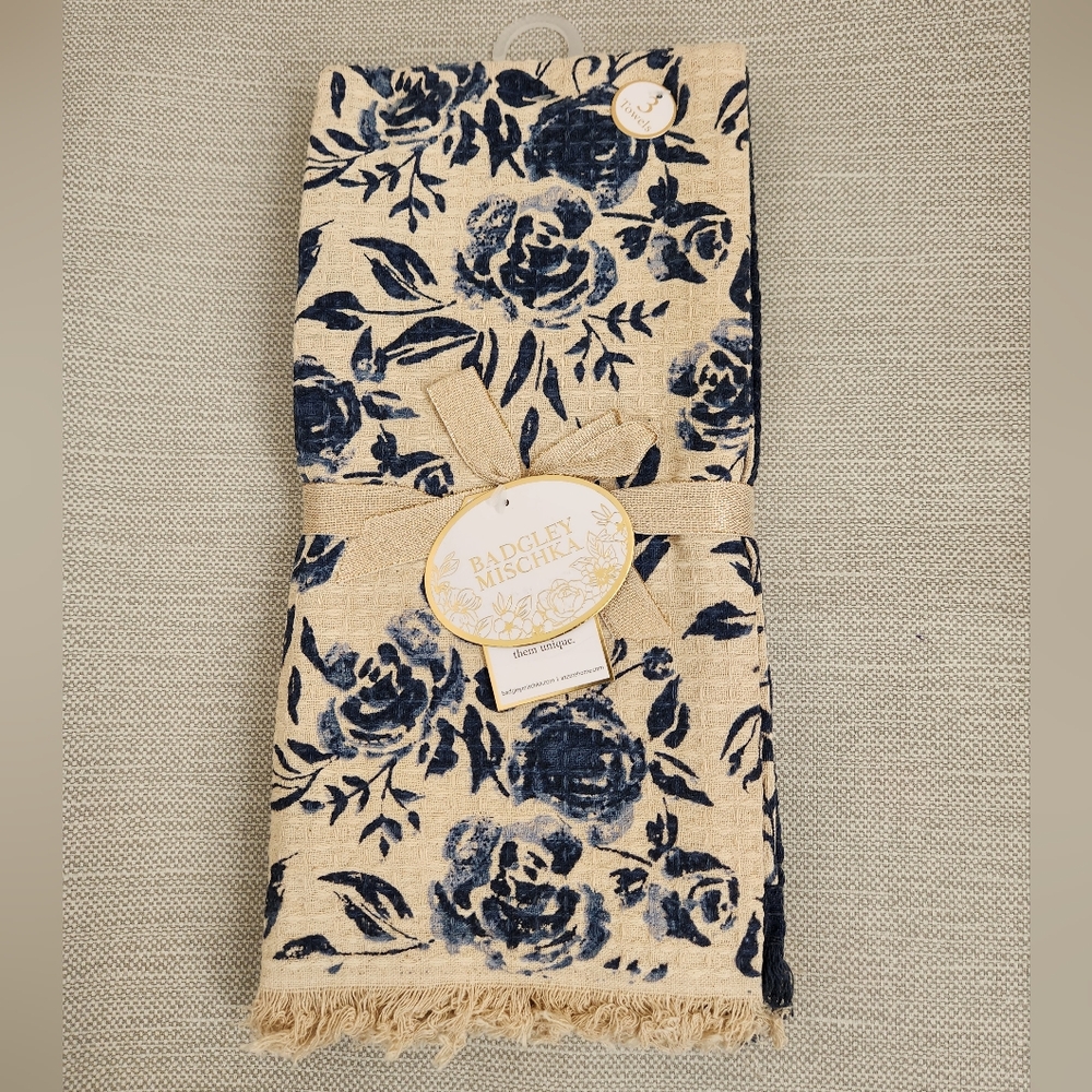 Badgley Mischka Cotton Kitchen Towels Floral Blue Cream Set Of 3